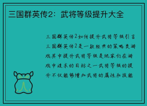 三国群英传2：武将等级提升大全